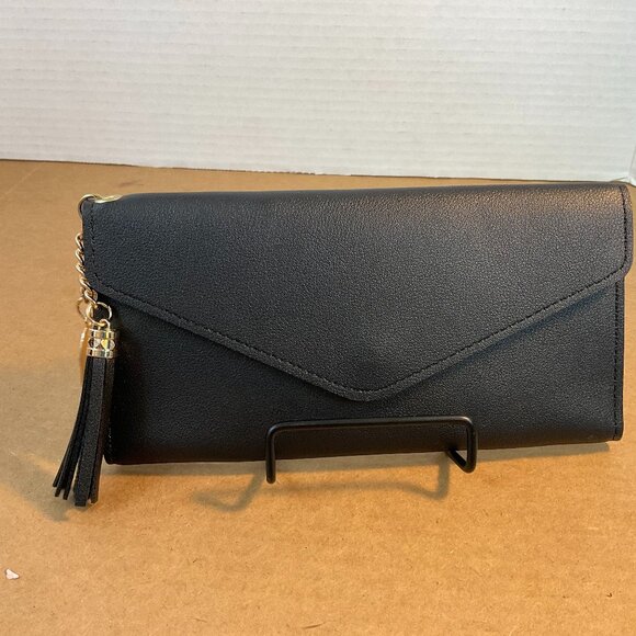 Black Faux Leather Clutch Wallet w/ Tassel Accent - Picture 1 of 7